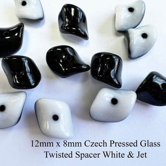 12mm x 8mm Czech Pressed Glass Twisted Spacer Black and White (Qty 12)