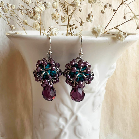 Faceted Beaded Ball Earrings Kit with Video Class - Teal, Amethyst, Silver & Rose Gold
