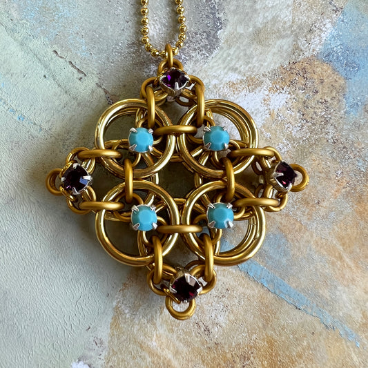 Helm Rhinestone Pendant Kit with Video Class - Gold, Op Turquoise and Amethyst
