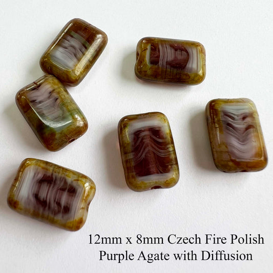 12mm x 8mm Czech Fire Polish Rectangle Purple Agate with Diffusion (Qty 6)
