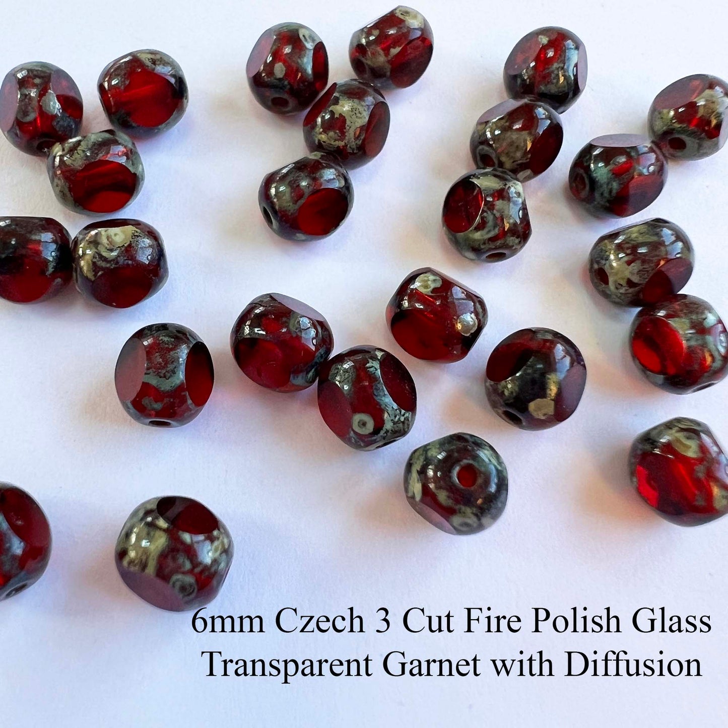 6mm Czech Fire Polish 3 Cut Transparent Garnet with Diffusion (Qty 25)