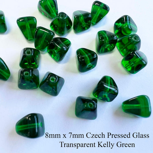 8mm x 7mm Czech Pressed Glass Pyramid Transparent Kelly Green (Qty 25)