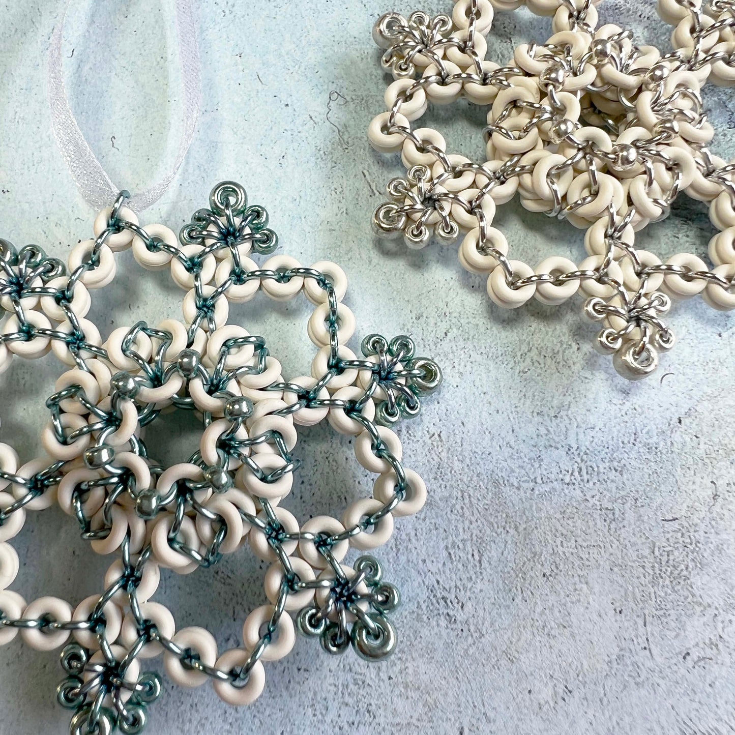 Beaded Lentil Snowflake Ornament White & Sterling Silver Refill - materials only (no instructions included)