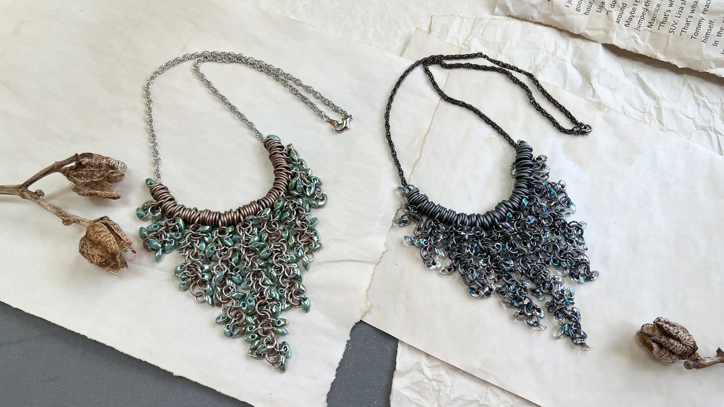 Shaggy Magatama Necklace Kit with FREE video - Matte Champagne, Silver & Turquoise Picasso Luster