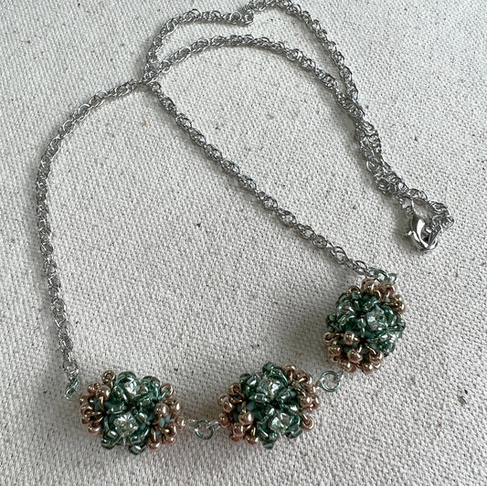 Beaded Rhinestone Bead Necklace - Chrysolite Dusky Sage and Champagne