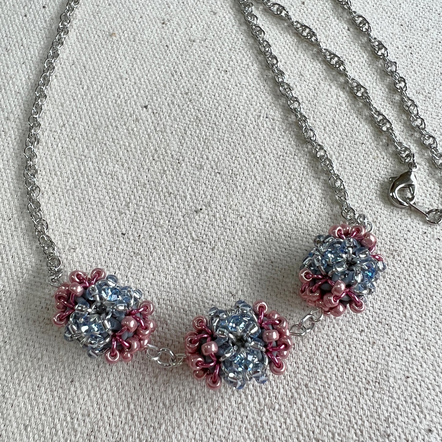 Beaded Rhinestone Bead Necklace - Light Sapphire and Coral