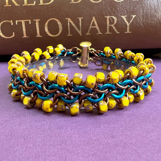 Unbalanced Bead Chain Bracelet kit with FREE video Blue Wave, Brown & Lemon