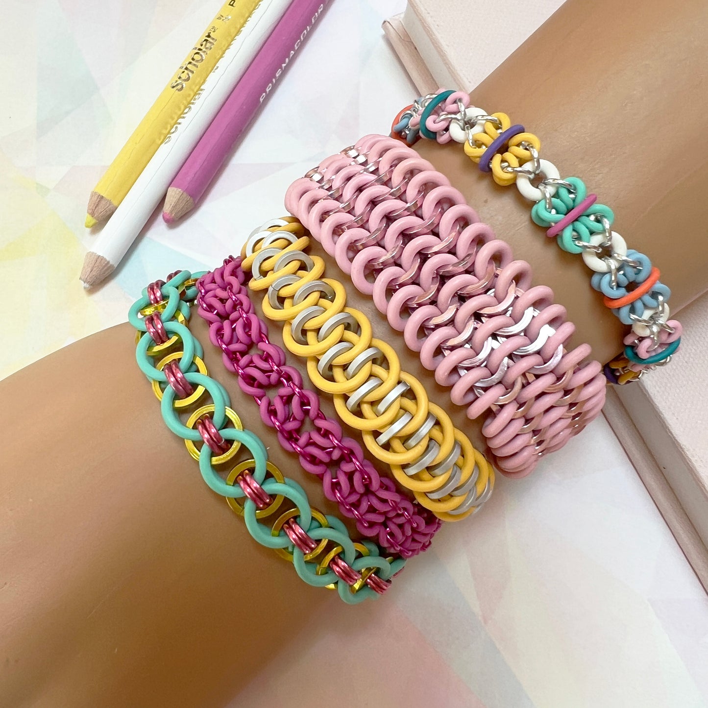 Helm Weave Stretch Bracelet with Square Rings Kit and FREE Video - Aqua, Yellow and Rose