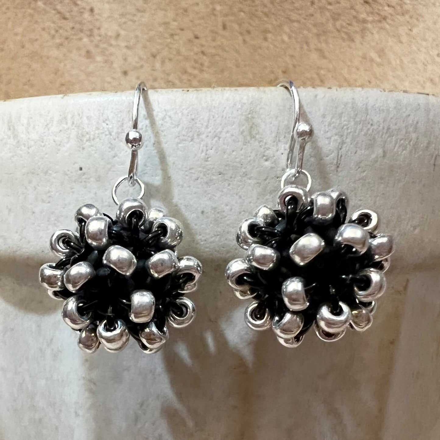 Beaded Ball Earrings - Black & Sterling Silver Plated Beads
