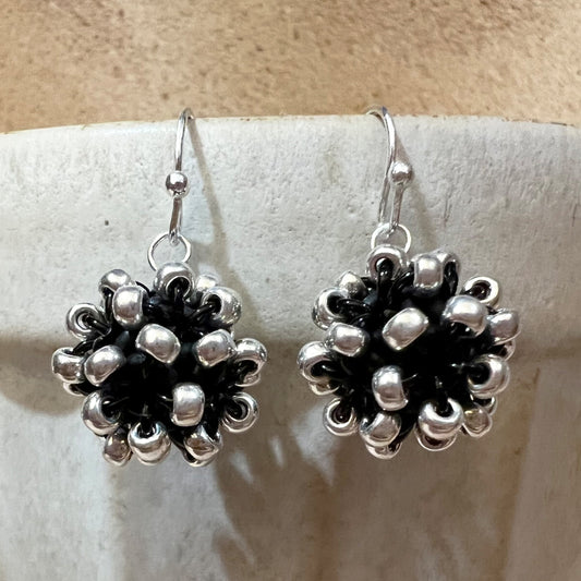 Beaded Ball Earrings - Black & Sterling Silver Plated Beads