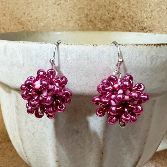 Beaded Ball Earrings - Hot Pink