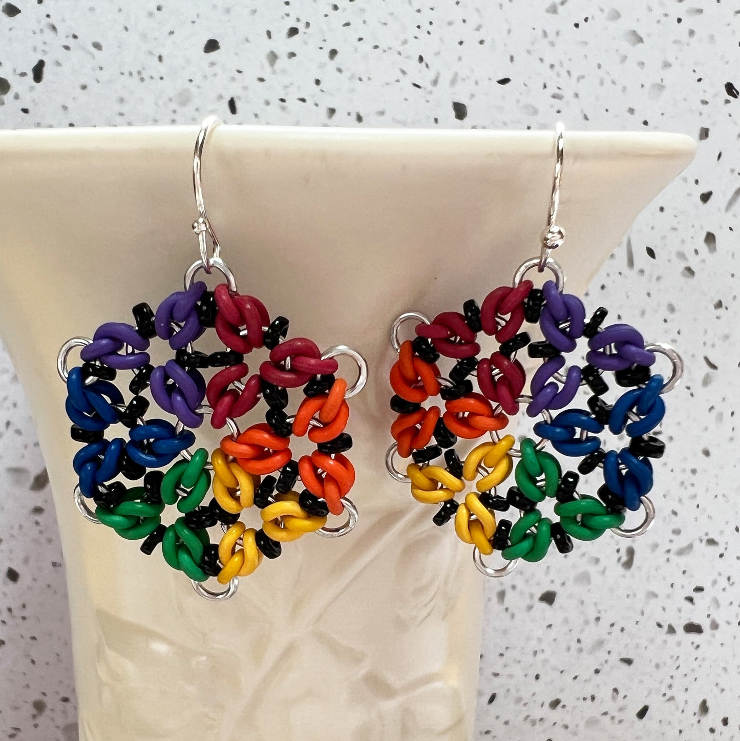 Tri Flower Beaded Earrings Mini Kit and Free Video Rainbow Silver and Black
