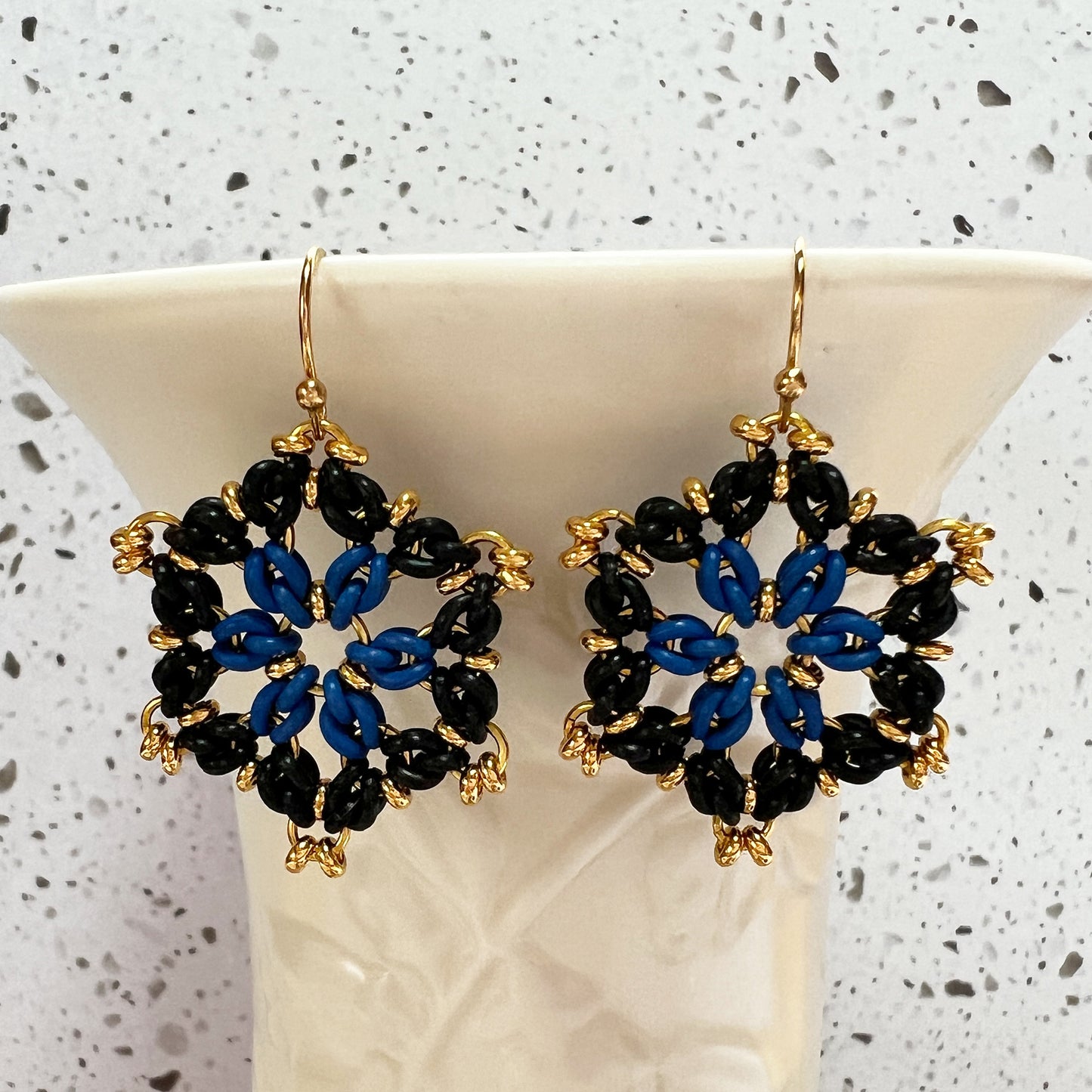 Tri Flower Beaded Earrings Mini Kit and Free Video Black Celestial Blue and Gold