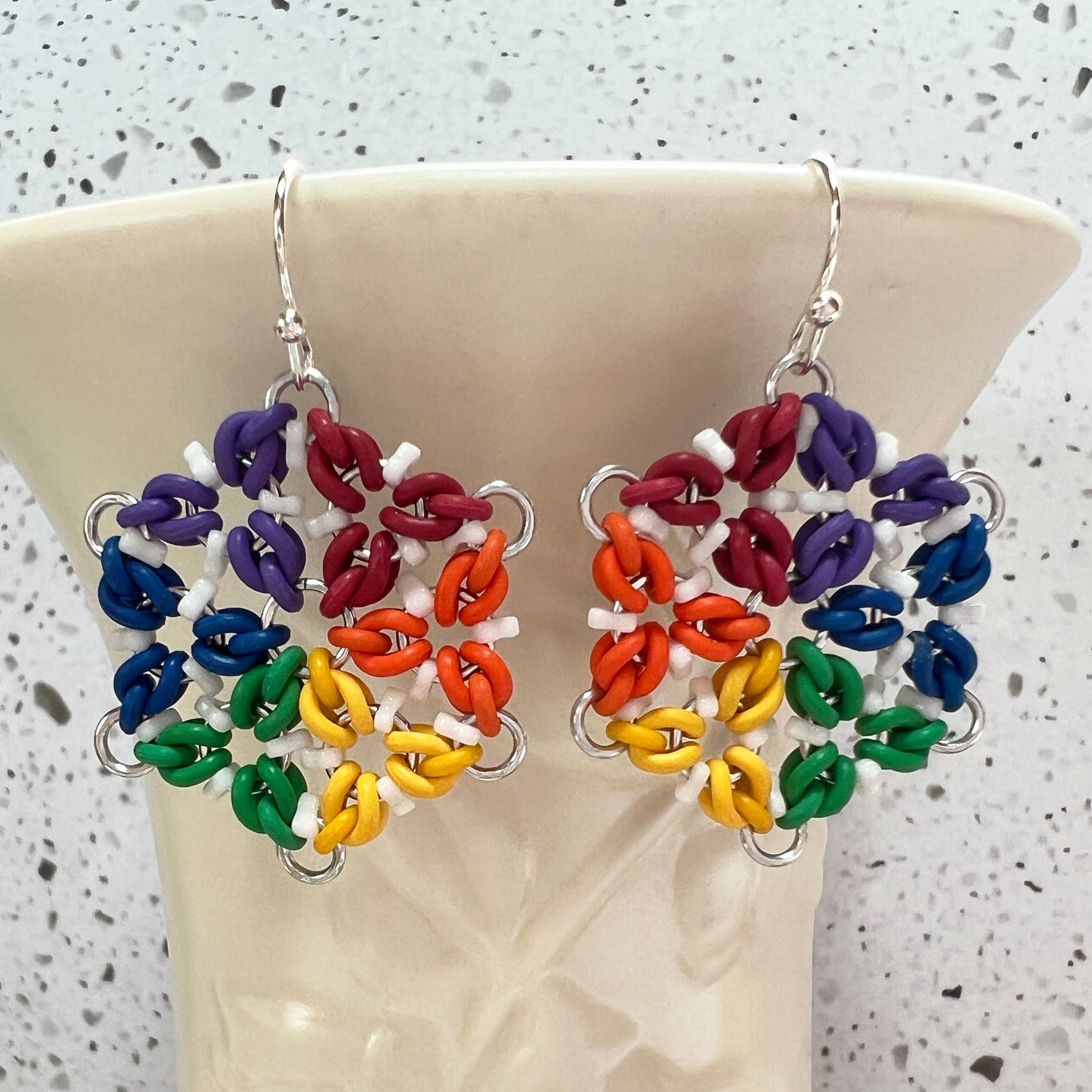 Tri Flower Beaded Earrings Mini Kit and Free Video Rainbow Silver and White