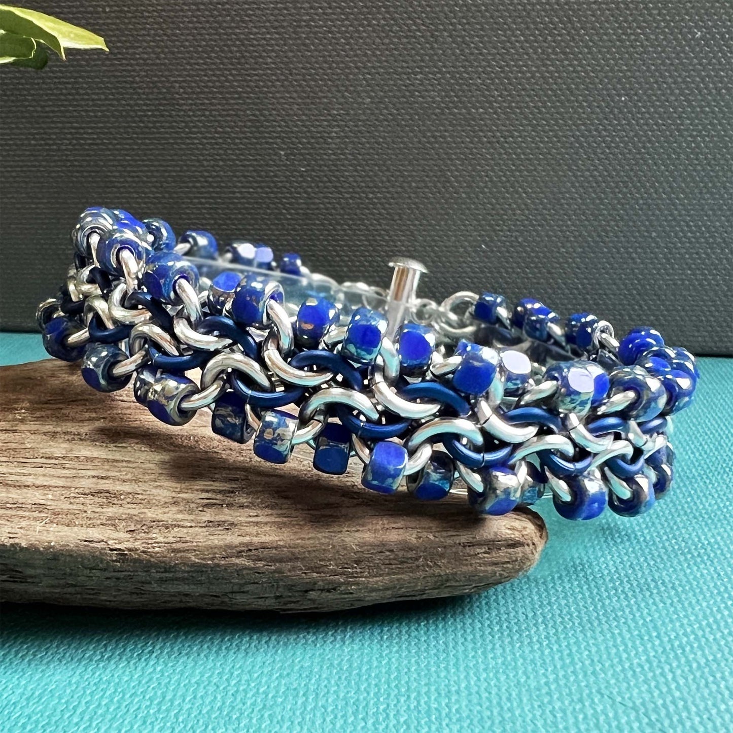 Unbalanced Bead Chain Bracelet kit with FREE video Silver Matte Navy and Blue Rembrandt